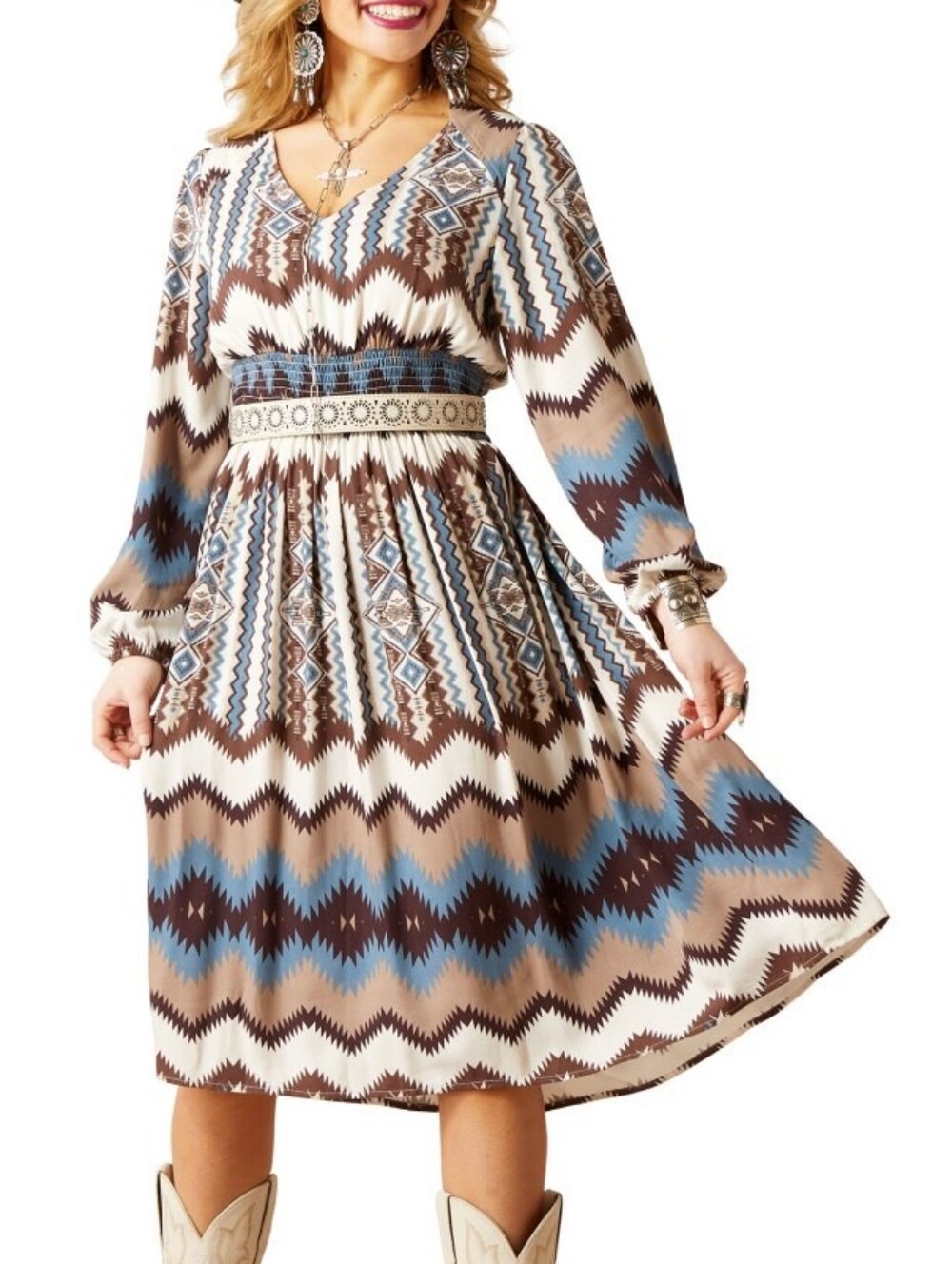 Ariat Southwestern Print Boho Smocked long puff sleeves Midi Dress – Size XL